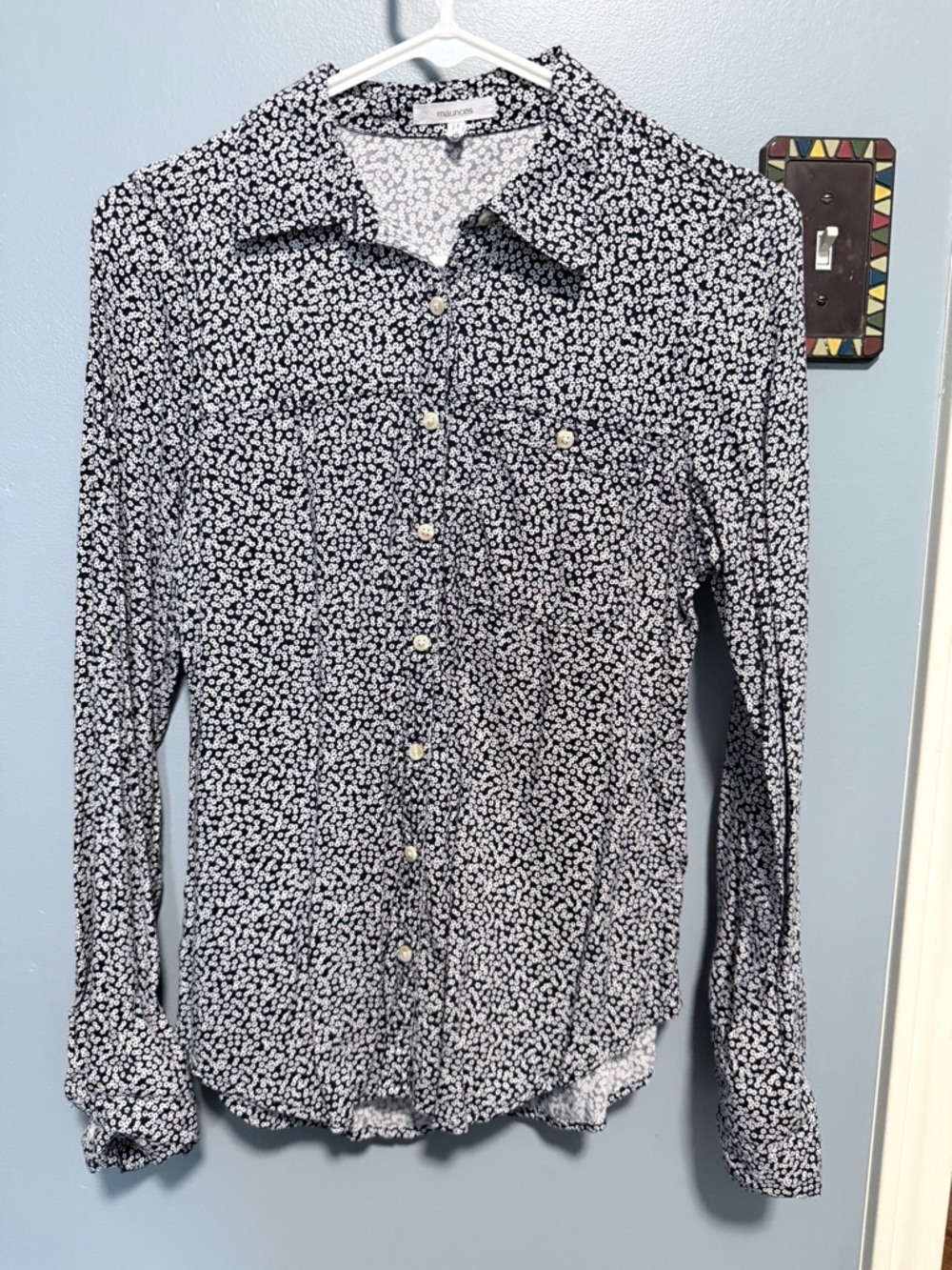 Maurices Navy and White Printed Long-Sleeve Button Down Shirt